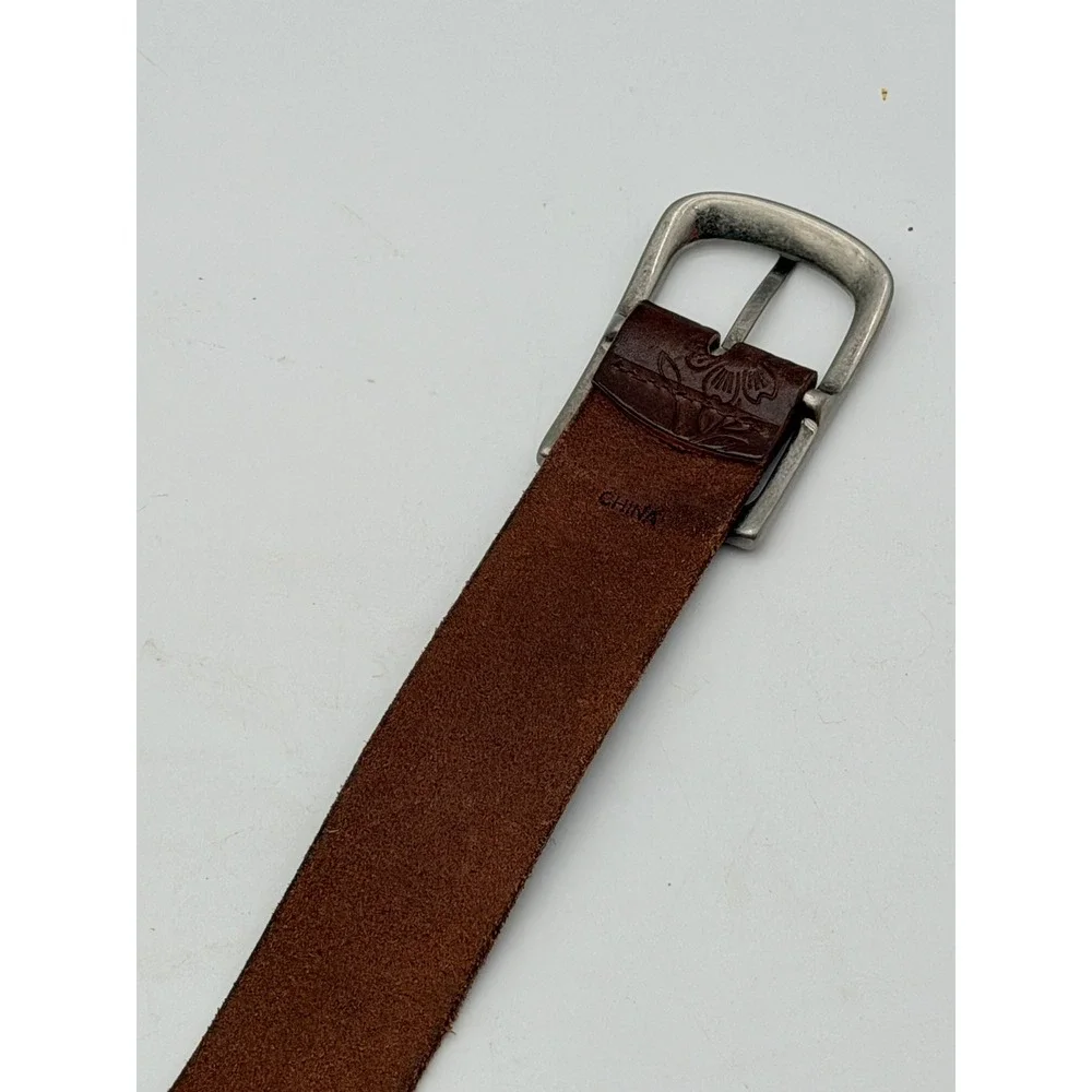 Brown Leather Floral Embossed Belt Silver Tone Buckle Western Boho Hand Painted